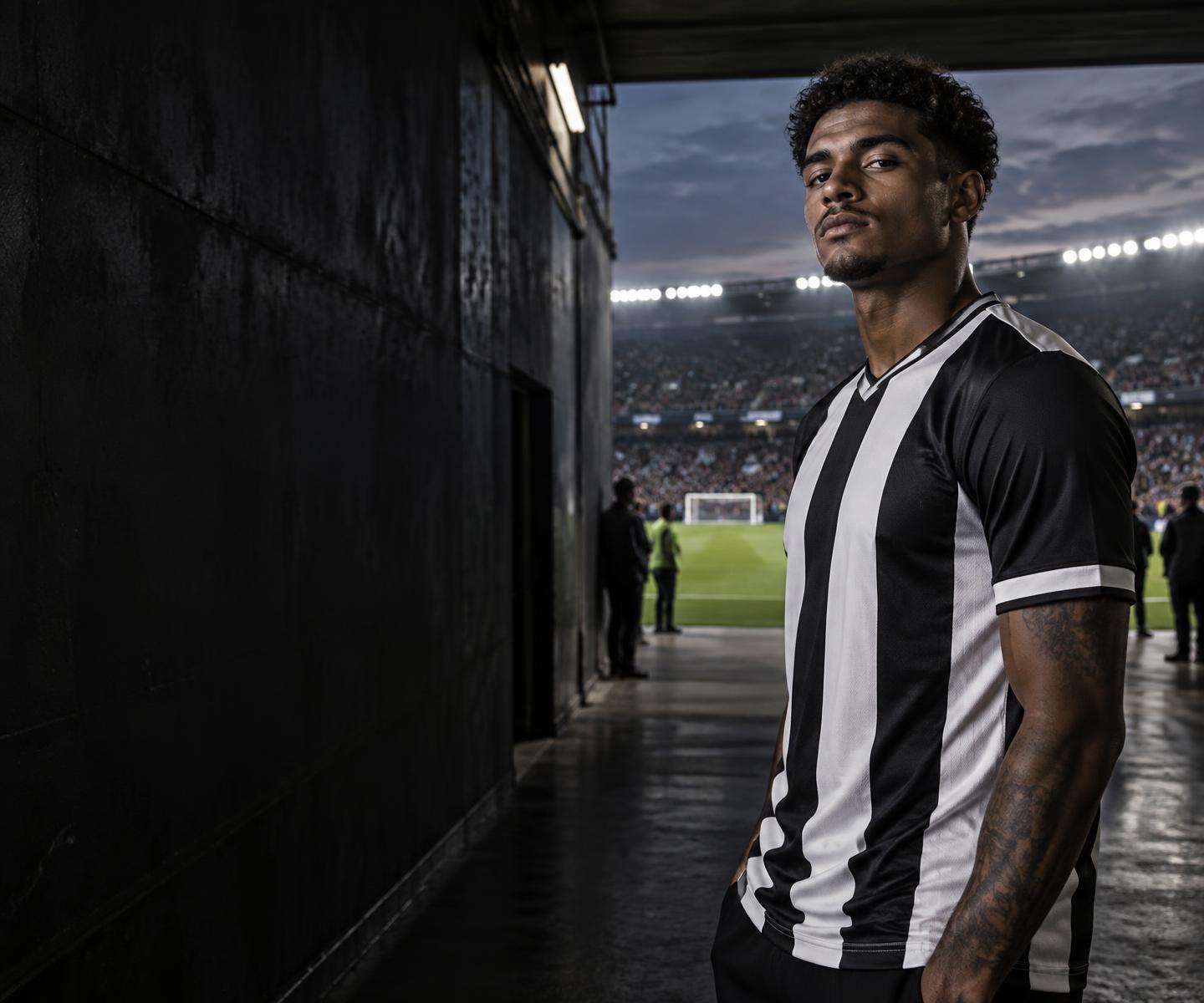 Jogador vestindo camisa de futebol no túnel de um estádio